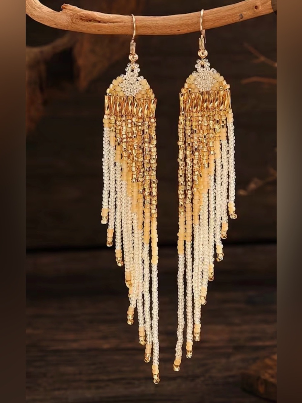 Bohemian Handmade Gold & Cream Beaded Fringe Drop Earrings